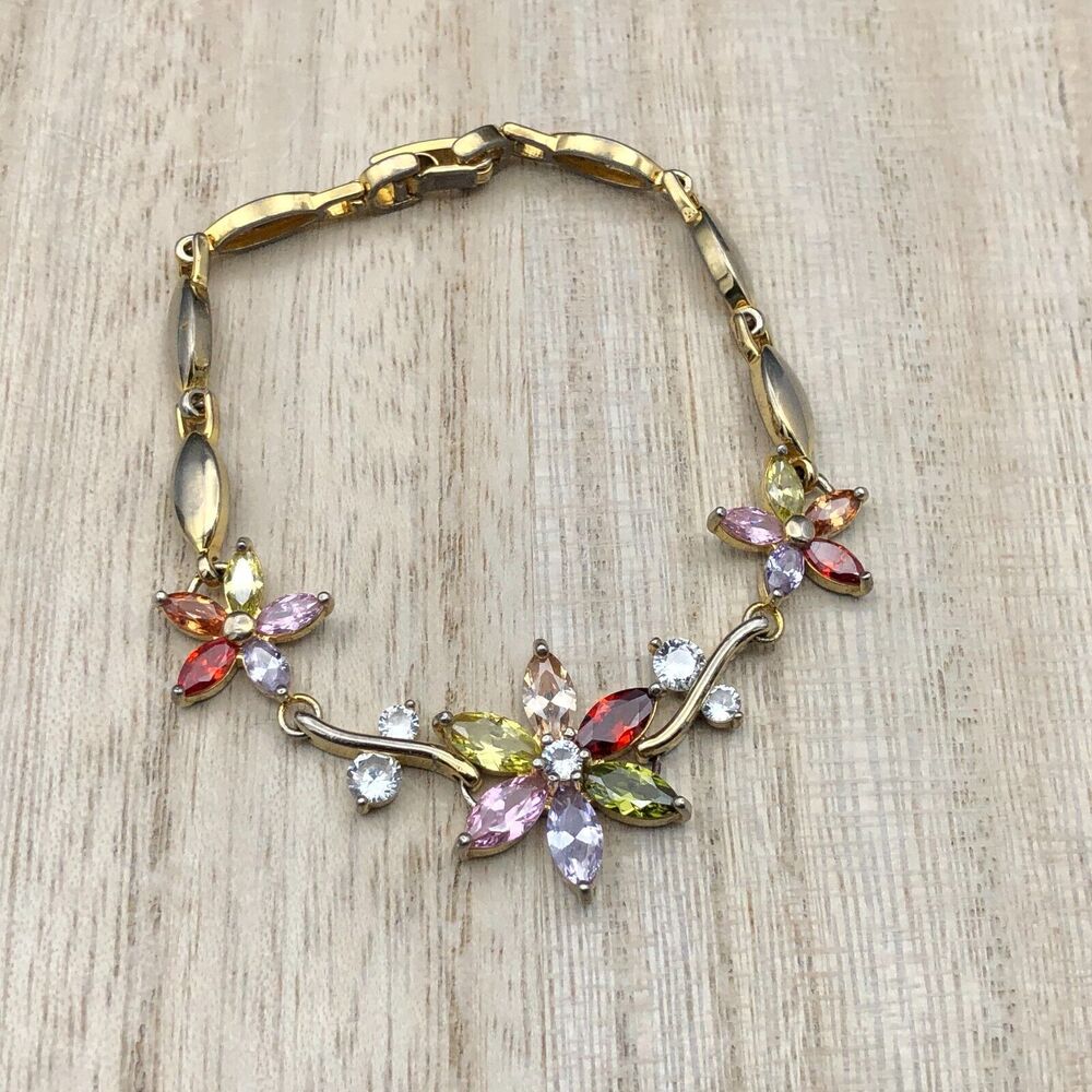 Multi Color Crystal Bracelet 6.5 inch Rhinestone Flower Link Leaf Vine Gold Tone - Picture 5 of 10